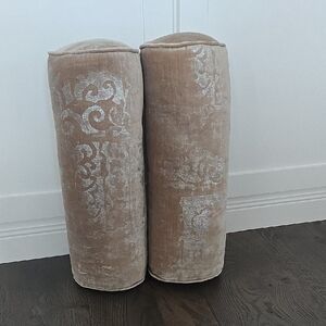Elegant Tan + Silver Velvet Bolster Pillows - Set of 2